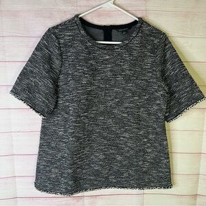 Banana Republic‎ Black White Metallic Tweed Fringe Trim Top Medium